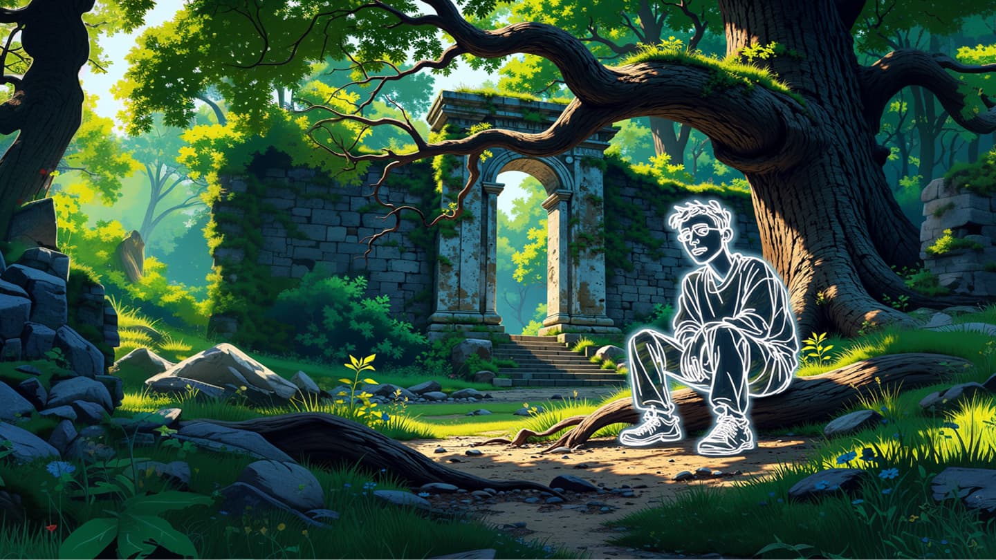 Mystical forest scene with ancient stone archways